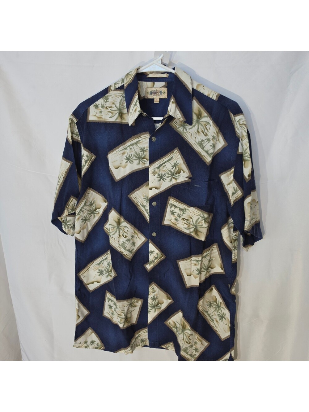 #0275 Campia Moda Medium Blue Rayon Hawaiian Shirt with Palm Tree Prints